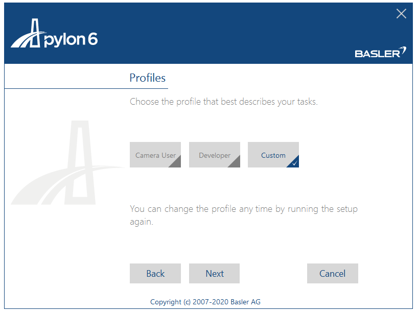 pylon6 Profiles dialog showing Camera User, Developer and Custom options with Custom selected; Back, Next, Cancel buttons