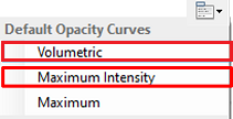 Default Opacity Curves menu listing 'Volumetric' and 'Maximum Intensity' with red outlines