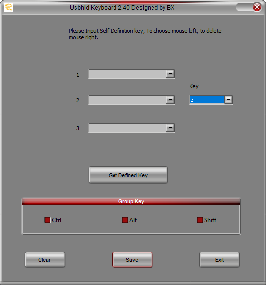 Usbhid Keyboard 2.40 window: fields 1-3, field 2 dropdown 3, Get Defined Key button, Group Key (Ctrl Alt Shift), Save/Exit