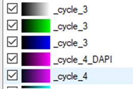 Channel list with checked entries labeled '_cycle_3', '_cycle_3', '_cycle_3', '_cycle_4_DAPI', '_cycle_4'