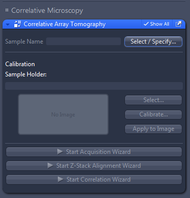 'Correlative Array Tomography' panel showing Sample Name field, 'No Image' preview, Select/Calibrate/Apply and wizards