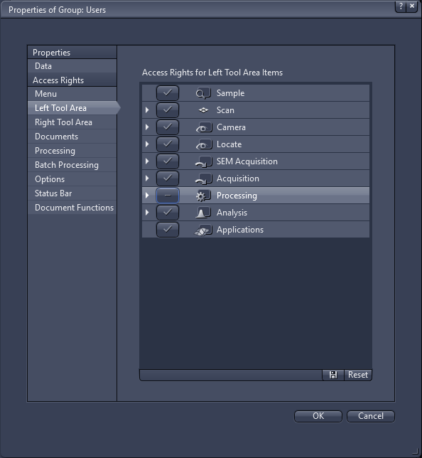 Properties of Group dialog: Access Rights for Left Tool Area showing Sample, Scan, Camera; Processing has minus icon