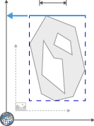 Gray irregular polygon with white holes inside a dashed blue bounding box and blue horizontal double-arrow dimension