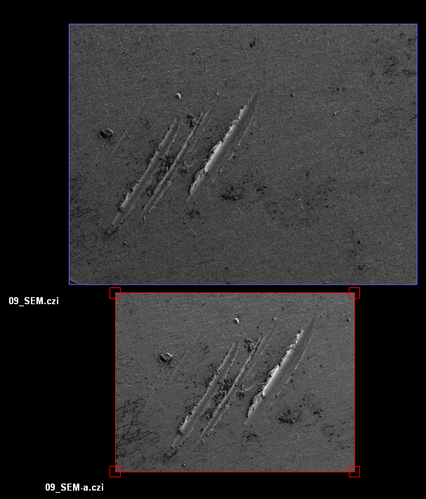 Grayscale SEM panel with diagonal scratch-like grooves, blue and red selection boxes and labels 09_SEM.czi and 09_SEM-a.czi
