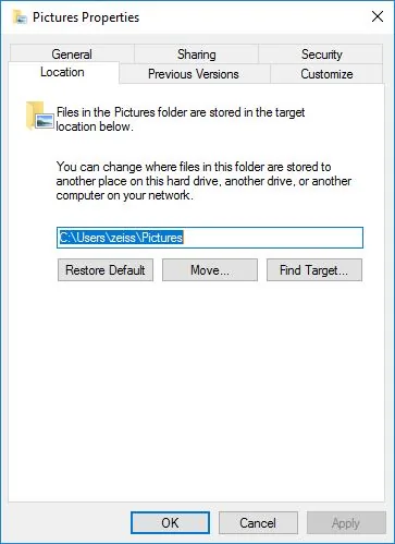 Pictures Properties dialog Location tab showing path C:\Users\zeiss\Pictures and buttons Restore Default Move... Find Target