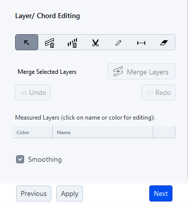 Layer/ Chord Editing dialog showing toolbar, disabled Merge Layers and Undo/Redo, checked Smoothing, Previous/Apply/Next buttons