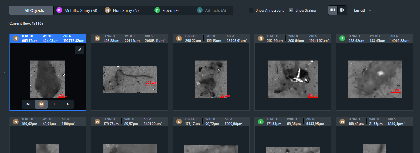 Example: Technical Cleanliness Analysis (TCA) results of component cleanliness analysis: The gallery shows the detected objects classified by type and ordered top down by length with the option to switch between the display of particle type metallic-shiny (M), non-shiny (N), fibers (F) and artifacts (A). The corresponding particle types for oil cleanliness analysis are fiber (F), particle (P) and artifacts (A).