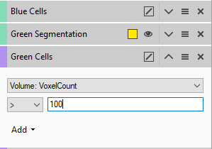 Panel listing Blue Cells, Green Segmentation (yellow swatch), Green Cells, and a Volume: VoxelCount filter set to >100