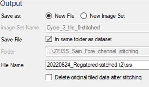 Output pane with 'Save as' New File selected, 'In same folder as dataset' checked, File Name 20220624_Registered-stitched (2).sis