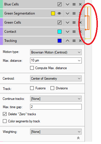Layers: Blue Cells, Green Segmentation, Green Cells, Contact, Tracking; Motion type Brownian; Max distance 10 µm