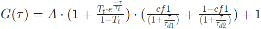 G(τ)=A·(1+T_t·e^{-τ/τ_t}/(1-T_t))·(cf1/(1+τ/τ_d1)·(1+τ/τ_d2)+(1-cf1)/(1+τ/τ_d2)^0.5)+1