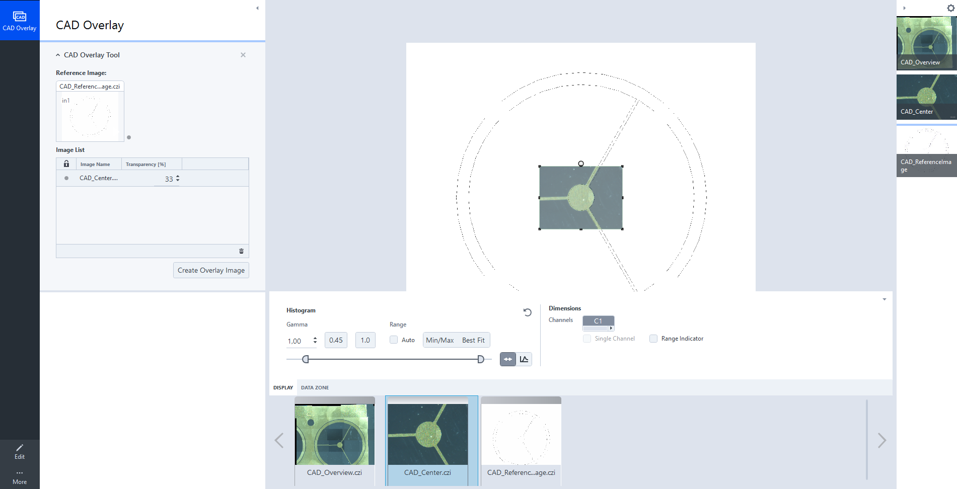 CAD Overlay screenshot with rectangular overlay image showing circular pad and three radial traces on dotted CAD reference