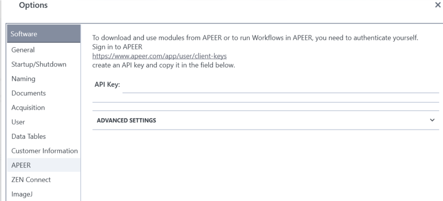 Options dialog with APEER tab selected, visible API Key input and instructions to sign in to APEER