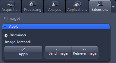Extensions panel showing ImageJ Apply dialog with buttons Apply, Send Image and Retrieve Image