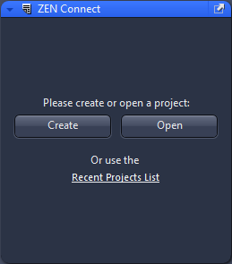 ZEN Connect dialog displaying 'Please create or open a project:' with Create and Open buttons and 'Recent Projects List' link