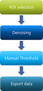 Vertical flowchart of four rounded boxes labeled ROI selection, Denoising, Manual Threshold, Export data with downward arrows